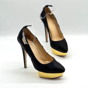 CHARLOTTE OLYMPIA Heels Womens 37 Black Gold Satin Pump Platform Ankle Strap